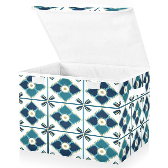 Yayeee Collapsible Cube Storage Bin with Lid Fabric Closet Decorative Basket with Handles, Blue Mosaic Pattern