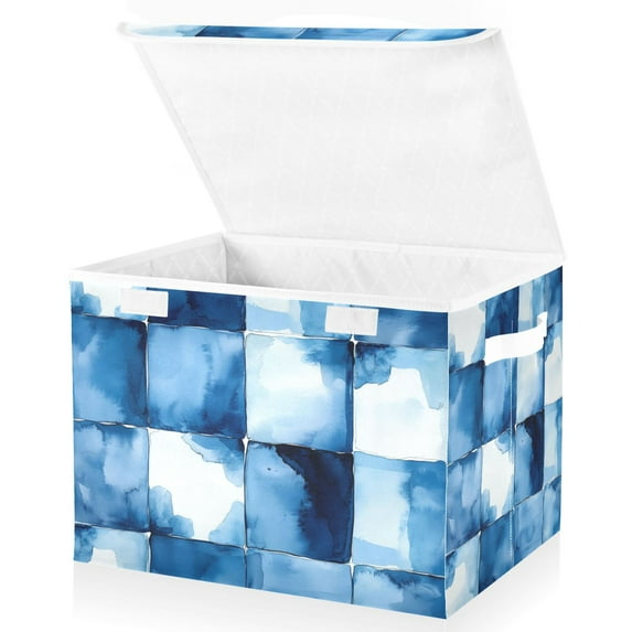 Yayeee Collapsible Cube Storage Bin with Lid Fabric Closet Decorative Basket with Handles, Blue Pattern