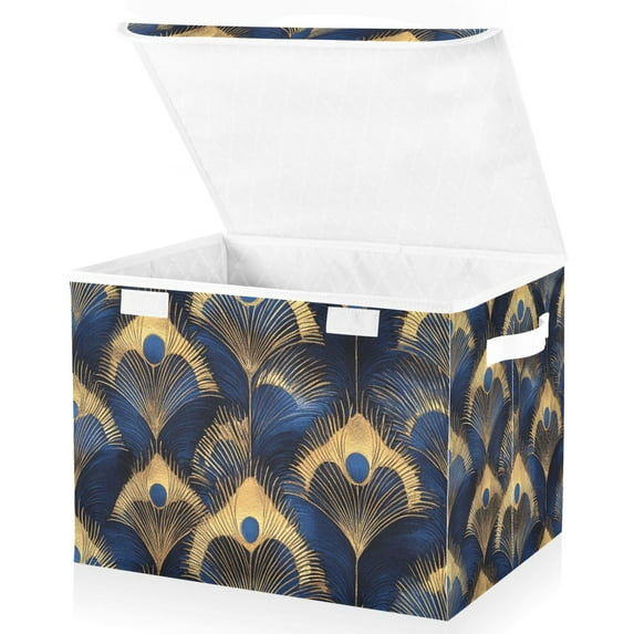 Yayeee Collapsible Cube Storage Bin with Lid Fabric Closet Decorative Basket with Handles, Blue Peacock Feathers Pattern