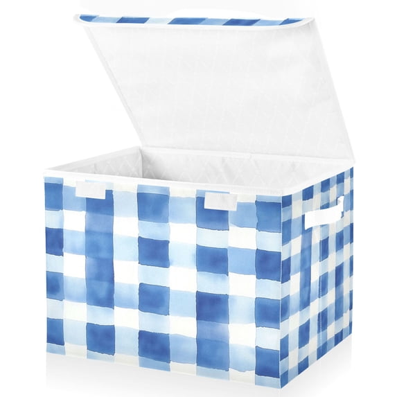 Yayeee Collapsible Cube Storage Bin with Lid Fabric Closet Decorative Basket with Handles, Blue Plain