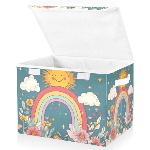Yayeee Collapsible Cube Storage Bin with Lid Fabric Closet Decorative Basket with Handles, Blue Rainbow