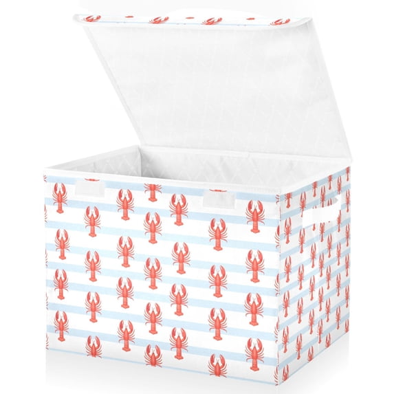 Yayeee Collapsible Storage Bin with Lid Fabric Closet Decorative Basket with Handles, Blue Stripes Lobster Pattern