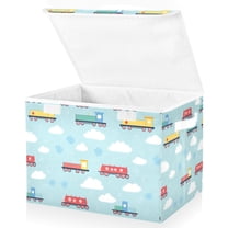 Yayeee Collapsible Cube Storage Bin with Lid Fabric Closet Decorative Basket with Handles, Blue Trains Pattern