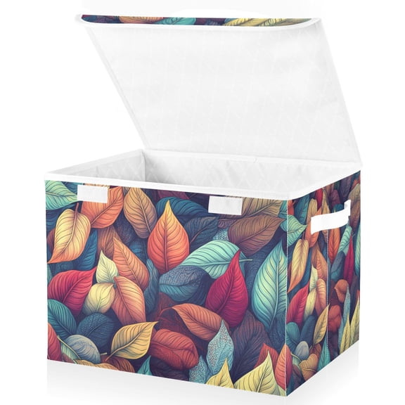 Yayeee Collapsible Cube Storage Bin with Lid Fabric Closet Decorative Basket with Handles, Blue Vibrant Leaves Pattern