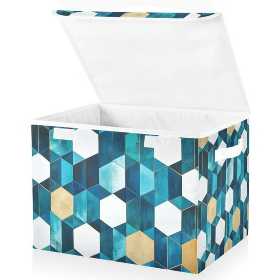 Yayeee Collapsible Cube Storage Bin with Lid Fabric Closet Decorative Basket with Handles, Blue White Geometric Patterns