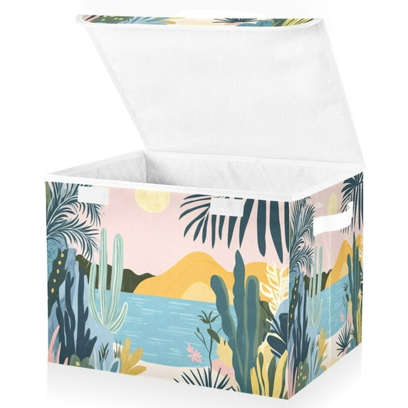 Yayeee Collapsible Cube Storage Bin with Lid Fabric Closet Decorative Basket with Handles, Boho Style Sun