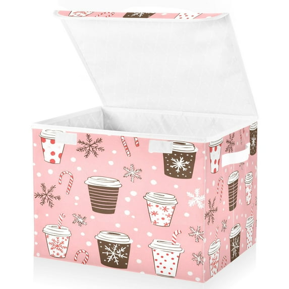 Yayeee Collapsible Cube Storage Bin with Lid Fabric Closet Decorative Basket with Handles, Brown Hand Drawn Cups