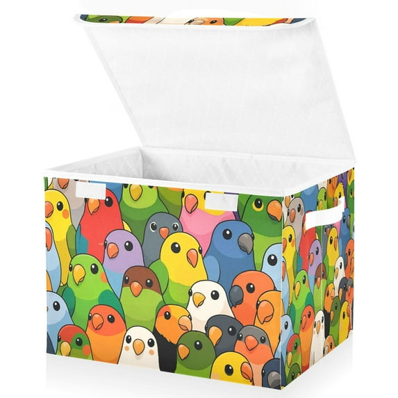Yayeee Collapsible Cube Storage Bin with Lid Fabric Closet Decorative Basket with Handles, Cartoon Birds Pattern