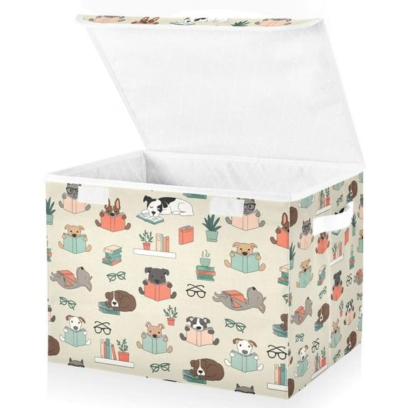 Yayeee Collapsible Cube Storage Bin with Lid Fabric Closet Decorative Basket with Handles, Cartoon Dog Reading Pattern