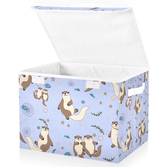 Yayeee Collapsible Cube Storage Bin with Lid Fabric Closet Decorative Basket with Handles, Cartoon Otters Pattern