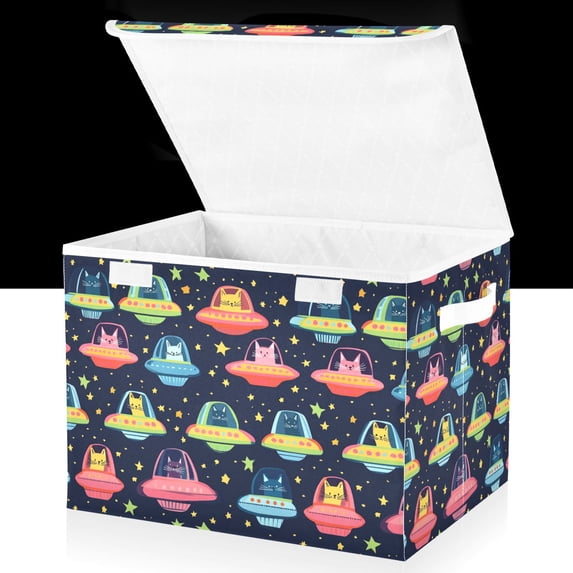 Yayeee Collapsible Cube Storage Bin with Lid Fabric Closet Decorative Basket with Handles, Cartoon Space Cat