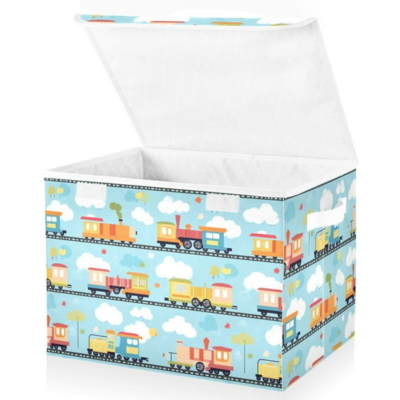 Yayeee Collapsible Cube Storage Bin with Lid Fabric Closet Decorative Basket with Handles, Cartoon Train Pattern