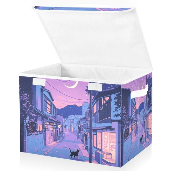 Yayeee Collapsible Cube Storage Bin with Lid Fabric Closet Decorative Basket with Handles, Cat Walking in Street