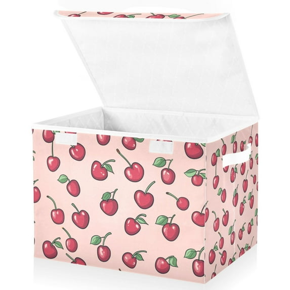 Yayeee Collapsible Cube Storage Bin with Lid Fabric Closet Decorative Basket with Handles, Cherries Pattern