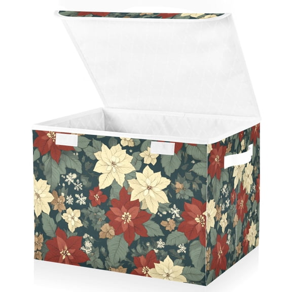 Yayeee Collapsible Cube Storage Bin with Lid Fabric Closet Decorative Basket with Handles, Christmas Blooms