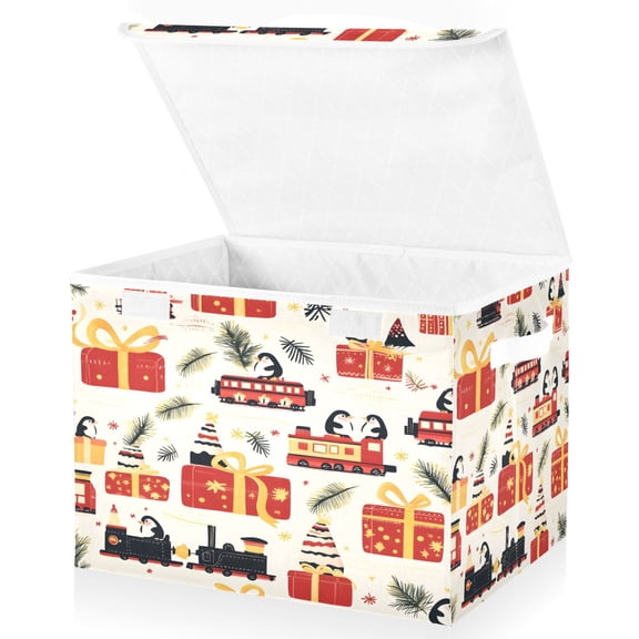 Yayeee Collapsible Cube Storage Bin with Lid Fabric Closet Decorative Basket with Handles, Christmas Box Train