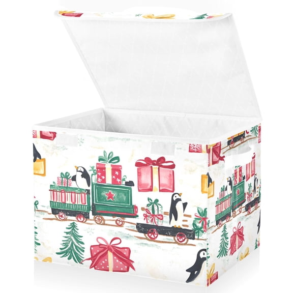 Yayeee Collapsible Cube Storage Bin with Lid Fabric Closet Decorative Basket with Handles, Christmas Train