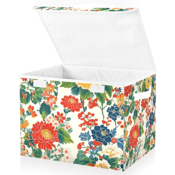 Yayeee Collapsible Cube Storage Bin with Lid Fabric Closet Decorative Basket with Handles, Colorful Flowers Pattern