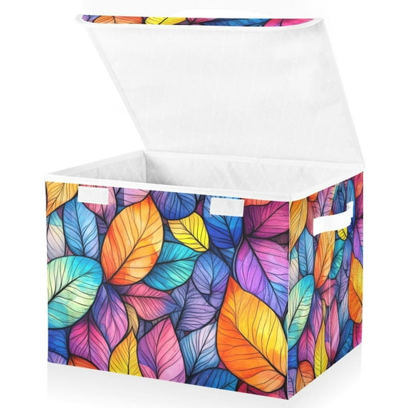 Yayeee Collapsible Cube Storage Bin with Lid Fabric Closet Decorative Basket with Handles, Colorful Leaves