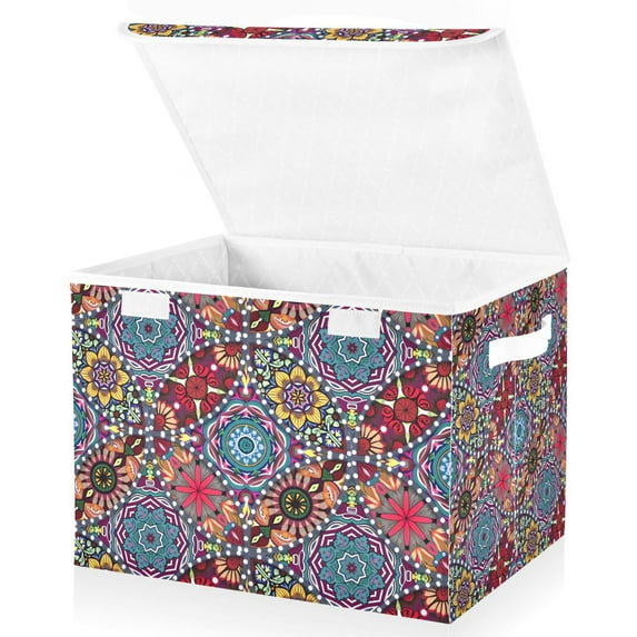 Yayeee Collapsible Cube Storage Bin with Lid Fabric Closet Decorative Basket with Handles, Colorful Mandala Pattern