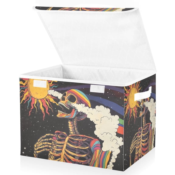 Yayeee Collapsible Cube Storage Bin with Lid Fabric Closet Decorative Basket with Handles, Colorful Skeleton with Cloud