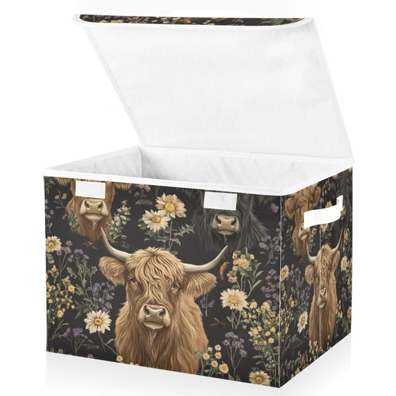 Yayeee Collapsible Cube Storage Bin with Lid Fabric Closet Decorative Basket with Handles, Cows and Flowers