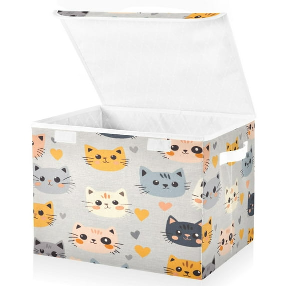 Yayeee Collapsible Cube Storage Bin with Lid Fabric Closet Decorative Basket with Handles, Cute Cartoon Cat