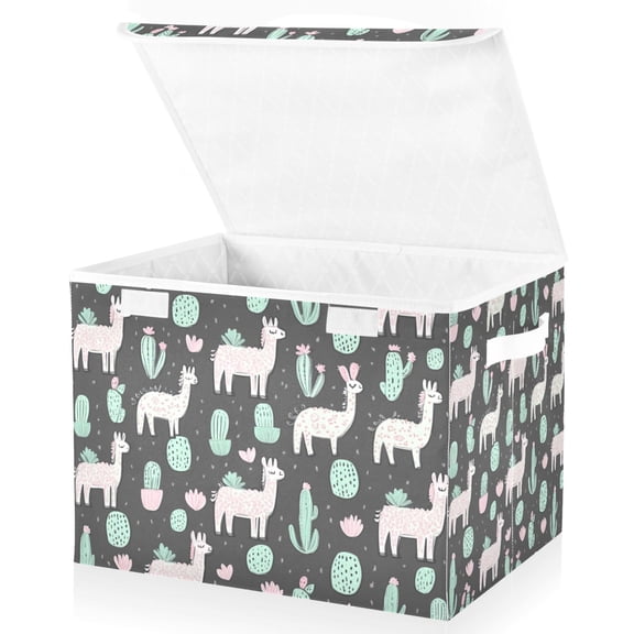 Yayeee Collapsible Cube Storage Bin with Lid Fabric Closet Decorative Basket with Handles, Cute Llamas Pattern