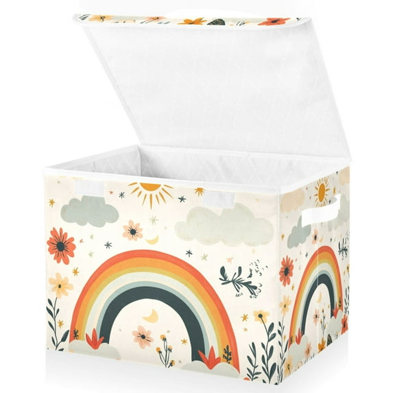 Yayeee Collapsible Cube Storage Bin with Lid Fabric Closet Decorative Basket with Handles, Cute Rainbow