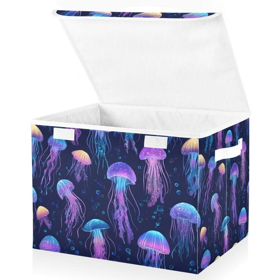Yayeee Collapsible Cube Storage Bin with Lid Fabric Closet Decorative Basket with Handles, Dark Blue Jellyfish Pattern