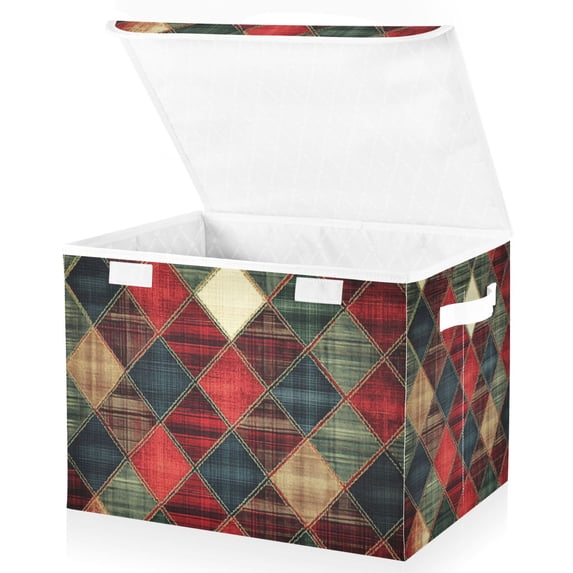 Yayeee Collapsible Storage Bin with Lid Fabric Closet Decorative Basket with Handles, Dark Tartan Pattern