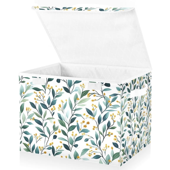 Yayeee Collapsible Cube Storage Bin with Lid Fabric Closet Decorative Basket with Handles, Darker Leafy Pattern