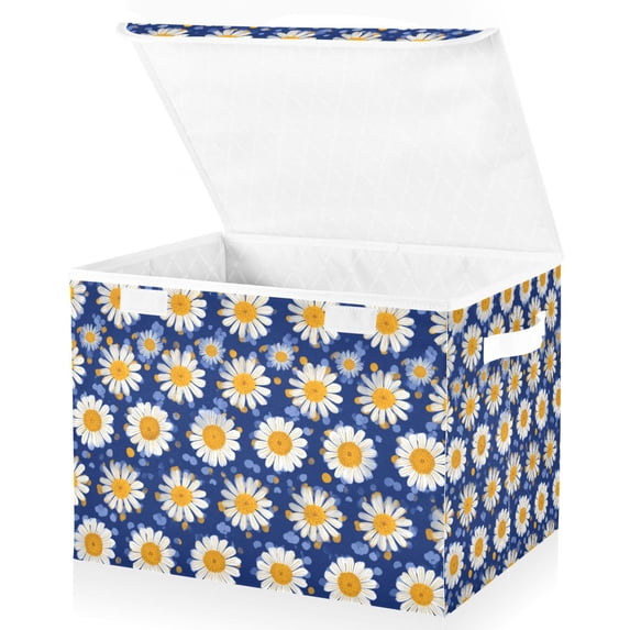 Yayeee Collapsible Cube Storage Bin with Lid Fabric Closet Decorative Basket with Handles, Elegant Daisy Pattern