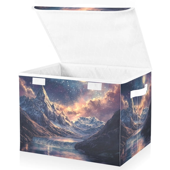 Yayeee Collapsible Cube Storage Bin with Lid Fabric Closet Decorative Basket with Handles, Ethereal Mountain