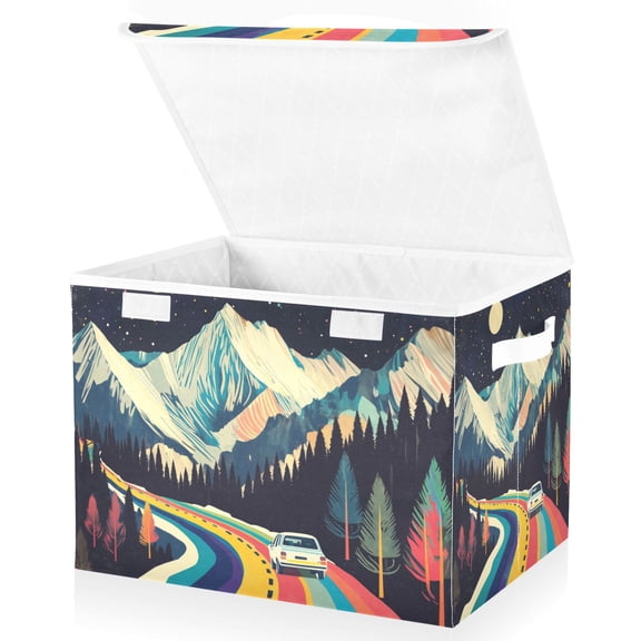 Yayeee Collapsible Cube Storage Bin with Lid Fabric Closet Decorative Basket with Handles, Evening Mountain Road