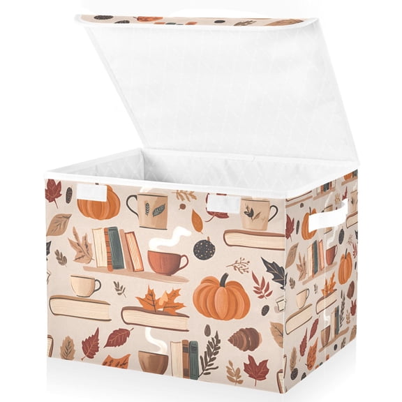 Yayeee Collapsible Cube Storage Bin with Lid Fabric Closet Decorative Basket with Handles, Fall Acorns Pattern
