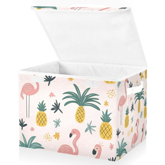 Yayeee Collapsible Cube Storage Bin with Lid Fabric Closet Decorative Basket with Handles, Flamingo Pattern