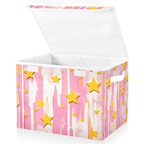 Yayeee Collapsible Cube Storage Bin with Lid Fabric Closet Decorative Basket with Handles, Flat Yellow Stars