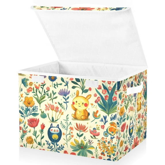 Yayeee Collapsible Cube Storage Bin with Lid Fabric Closet Decorative Basket with Handles, Floral Animals