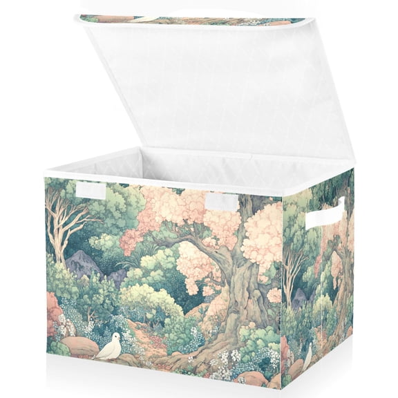 Yayeee Collapsible Cube Storage Bin with Lid Fabric Closet Decorative Basket with Handles, Floral Forest Pattern