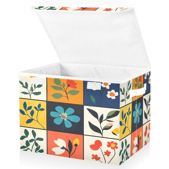 Yayeee Collapsible Cube Storage Bin with Lid Fabric Closet Decorative Basket with Handles, Floral Patterns