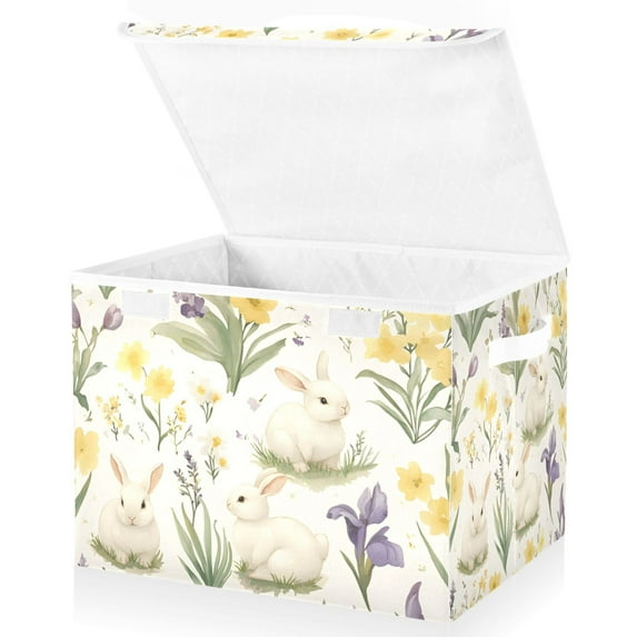 Yayeee Collapsible Cube Storage Bin with Lid Fabric Closet Decorative Basket with Handles, Floral Rabbit