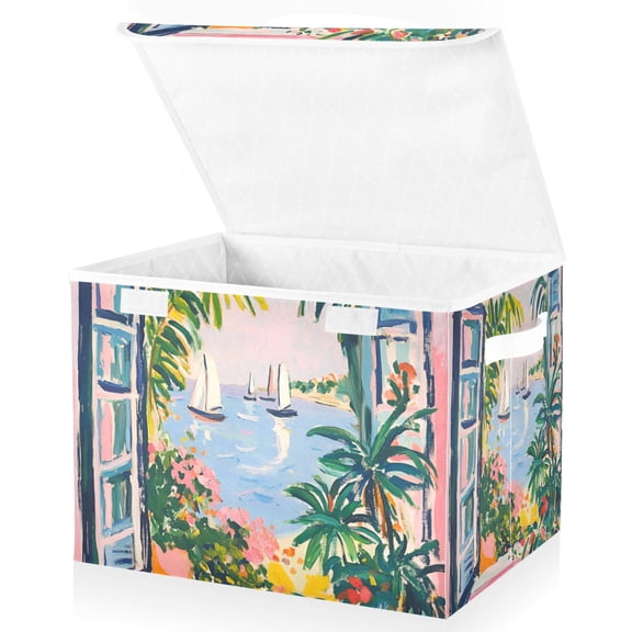 Yayeee Collapsible Cube Storage Bin with Lid Fabric Closet Decorative Basket with Handles, Floral Seaside
