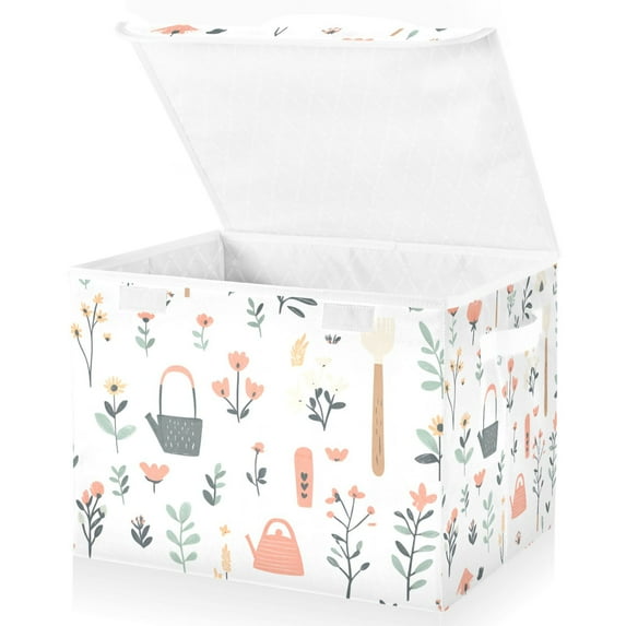 Yayeee Collapsible Cube Storage Bin with Lid Fabric Closet Decorative Basket with Handles, Garden Pattern