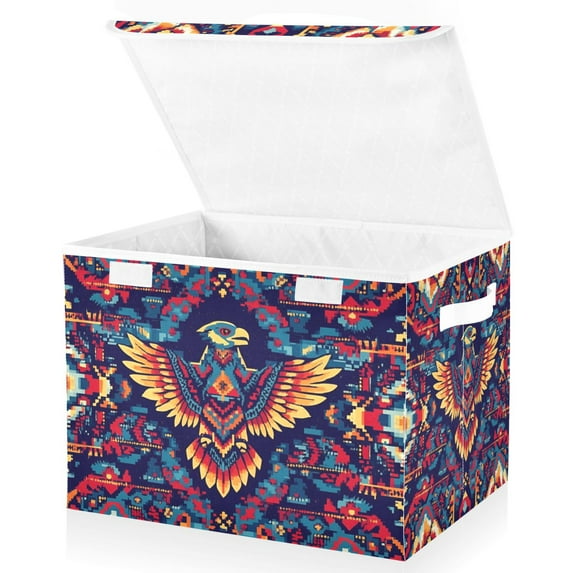 Yayeee Collapsible Cube Storage Bin with Lid Fabric Closet Decorative Basket with Handles, Geometric Eagle