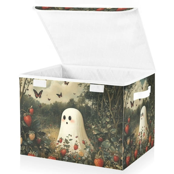 Yayeee Collapsible Cube Storage Bin with Lid Fabric Closet Decorative Basket with Handles, Ghost in Strawberry Fields