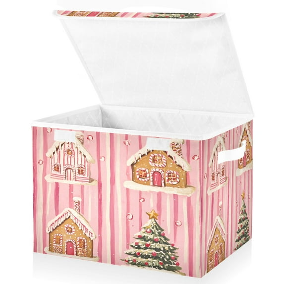 Yayeee Collapsible Cube Storage Bin with Lid Fabric Closet Decorative Basket with Handles, Gingerbread Houses