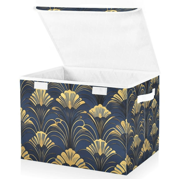 Yayeee Collapsible Cube Storage Bin with Lid Fabric Closet Decorative Basket with Handles, Gold Art Pattern