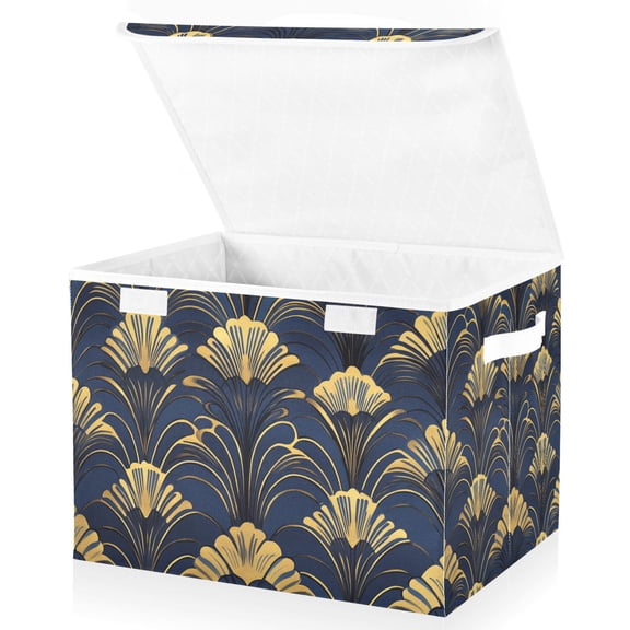 Yayeee Collapsible Cube Storage Bin with Lid Fabric Closet Decorative Basket with Handles, Gold Art Pattern