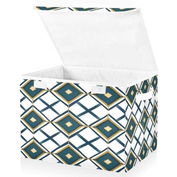 Yayeee Collapsible Cube Storage Bin with Lid Fabric Closet Decorative Basket with Handles, Gold Geometric Pattern